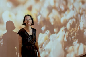 A person stands in front of a film projected onto a wall.